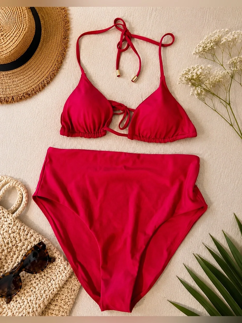 Quince NWT Fuchsia Pink Triangle Bikini Set High-Waisted Bottoms Size Medium